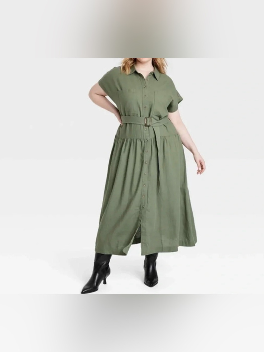 Universal Thread Olive Button-Front Maxi Shirt Dress with Belted Waist